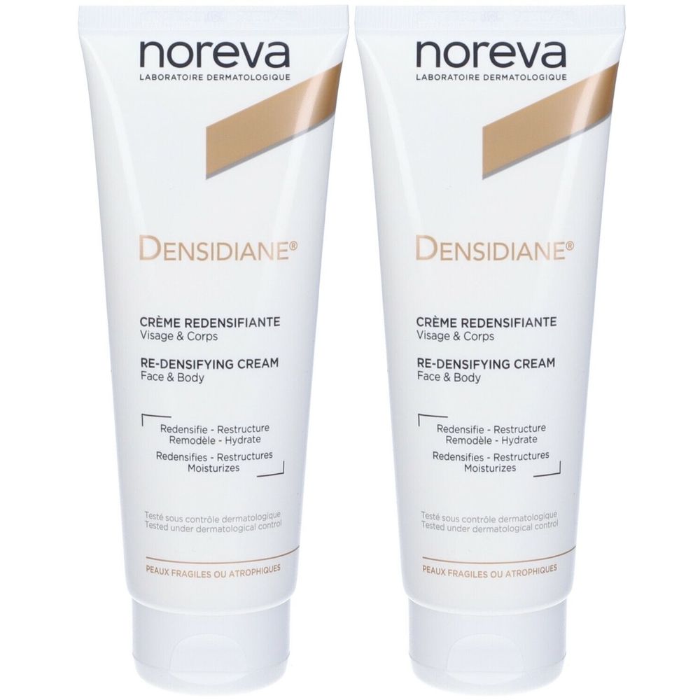 Due tubi bianchi con stampa. Scritta: Noreva, Densidiane, Crème Redensifiante, Re-Densifying Cream.