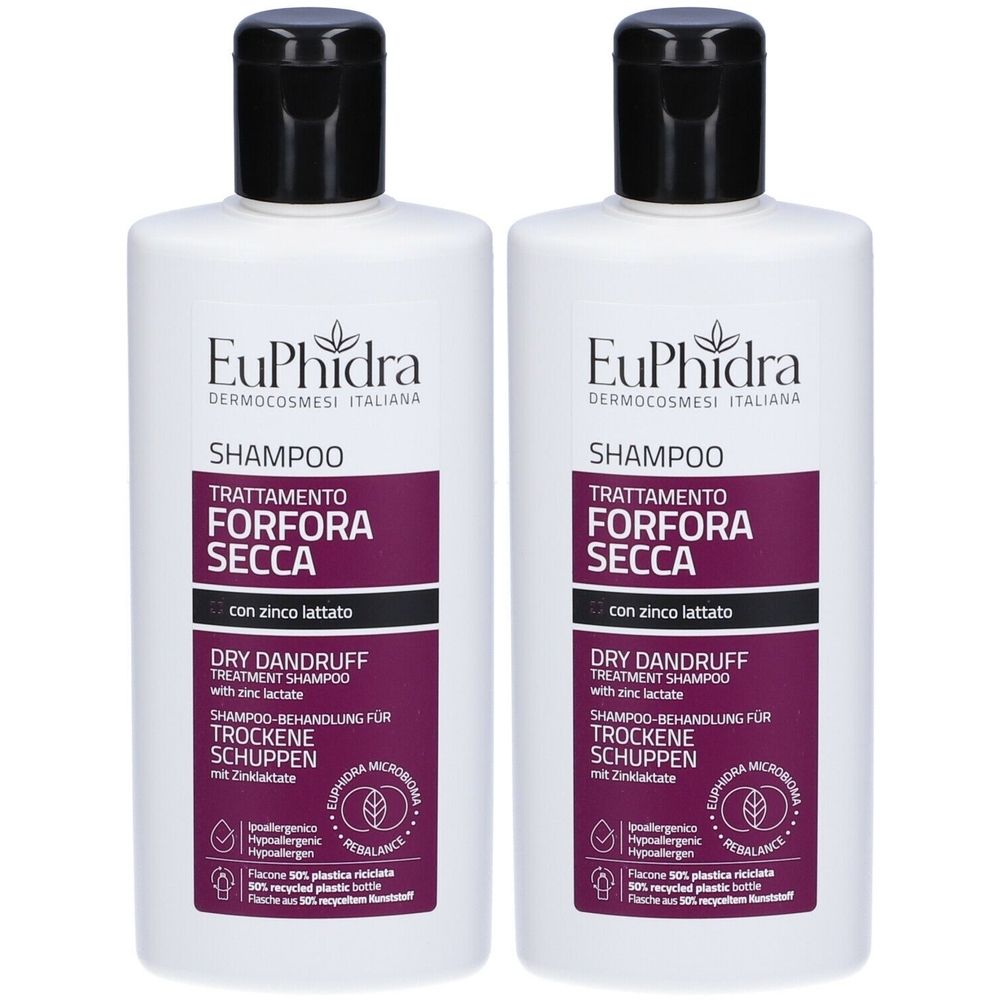 Due flaconi di shampoo bianchi con tappo nero. Scritta: EuPhidra, Shampoo, trattamento forfora secca.