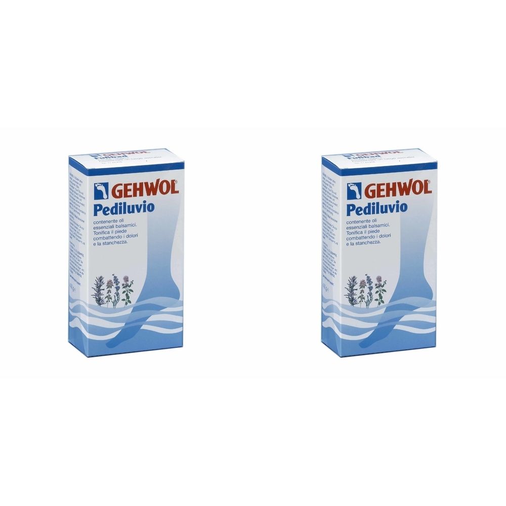 Due scatole rettangolari. Scritta GEHWOL Pediluvio. Confezione blu e bianca con illustrazione del piede e motivo floreale.