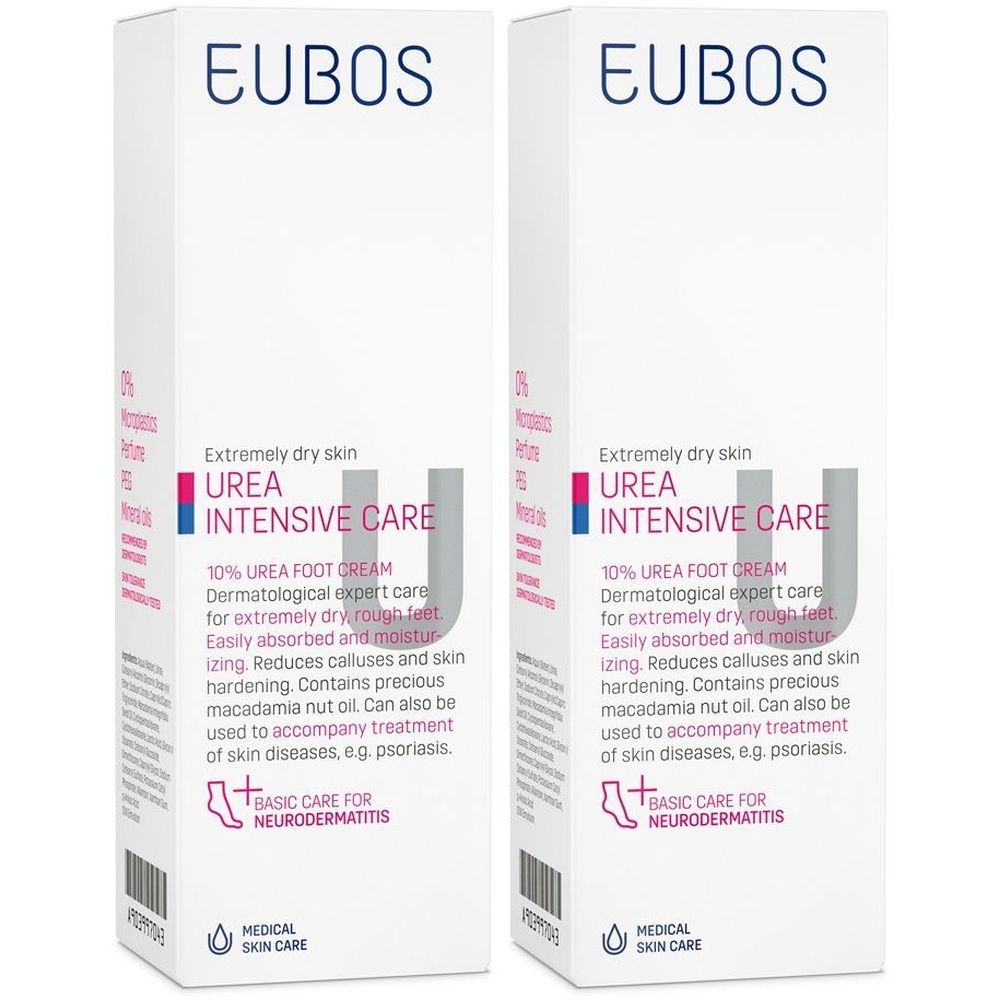 Due scatole bianche "EUBOS UREA INTENSIVE CARE". Testo in tedesco, rosa e blu. Cura dermatologica.