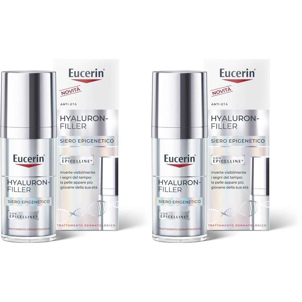 Due flaconi Eucerin Hyaluron-Filler Siero Epigenetico con confezione. Scritta: ANTI-ETA, HYALURON-FILLER, SIERO EPIGENETICO.