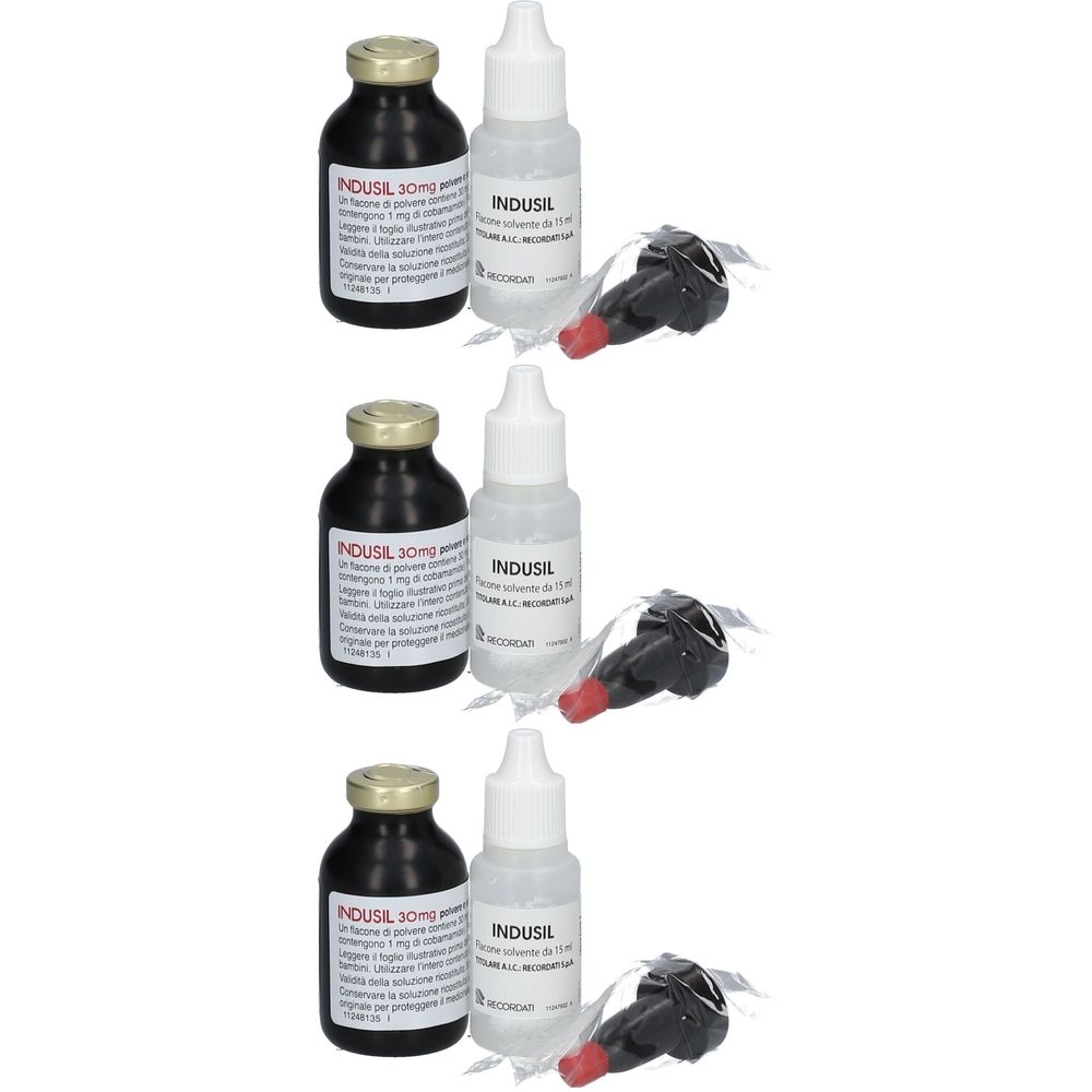 Tre set INDUSIL. Ogni set è composto da un flacone marrone, un flacone bianco e un tappo nero con punta rossa.