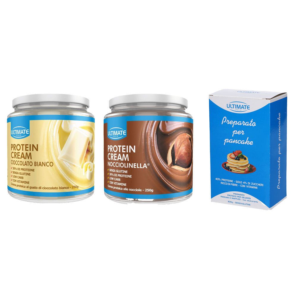 Ultimate Protein Cream Cioccolato Bianco + Protein Cream Nocciolinella + Preparato per Pancake Proteici