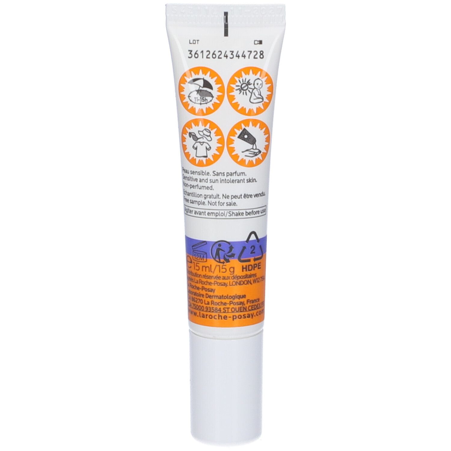 Tubo di La Roche-Posay ANTHELIOS UVmune 400. Retro con pittogrammi e testo. 15 ml. HDPE.