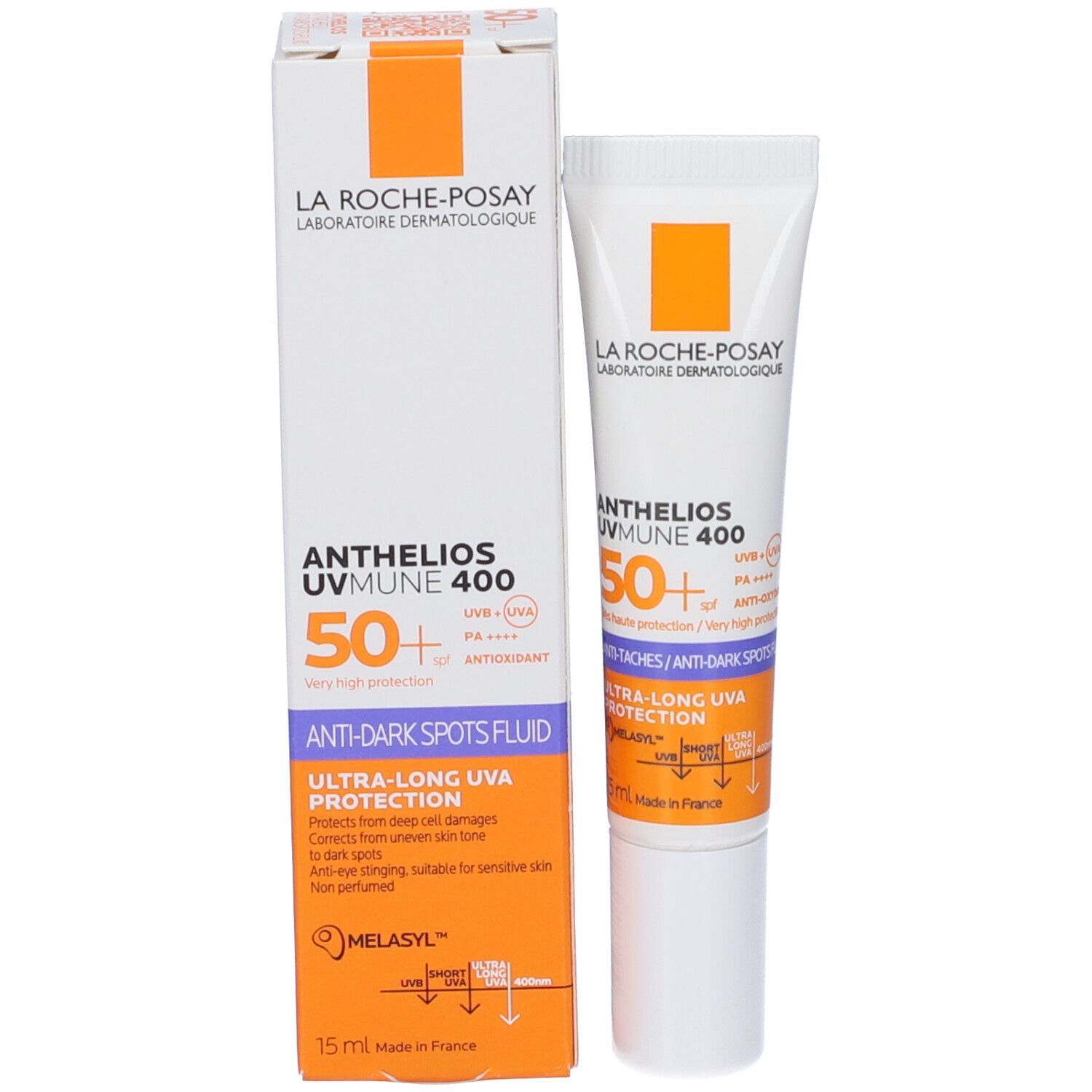 La Roche-Posay ANTHELIOS UVmune 400 Fluido e confezione. Bianco e arancione. Testo: 50+ protezione molto alta. Anti-macchie.