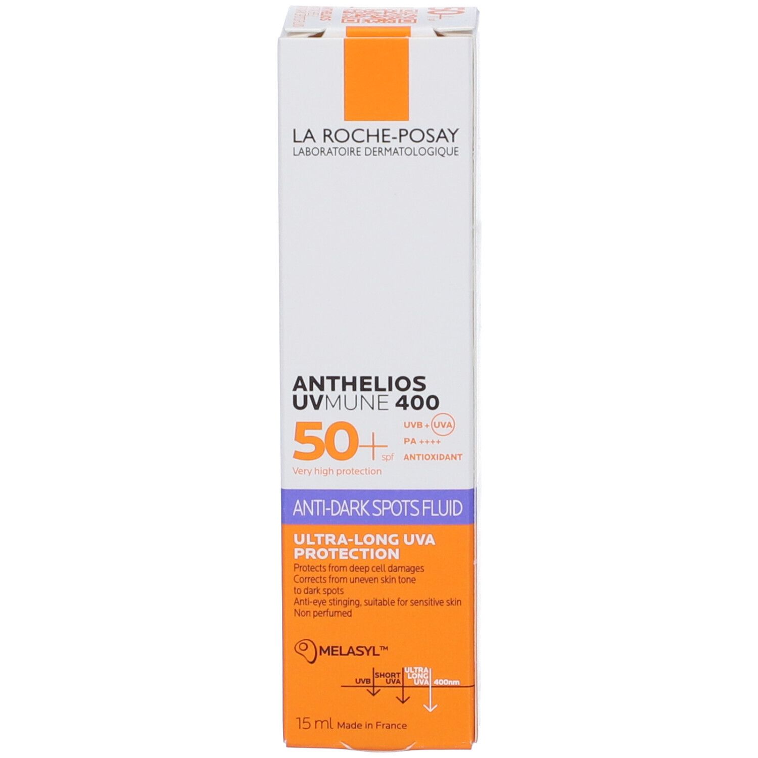 La Roche-Posay ANTHELIOS UVmune 400 Fluido. Confezione bianca e arancione. Testo: 50+ protezione molto alta. Anti-macchie.