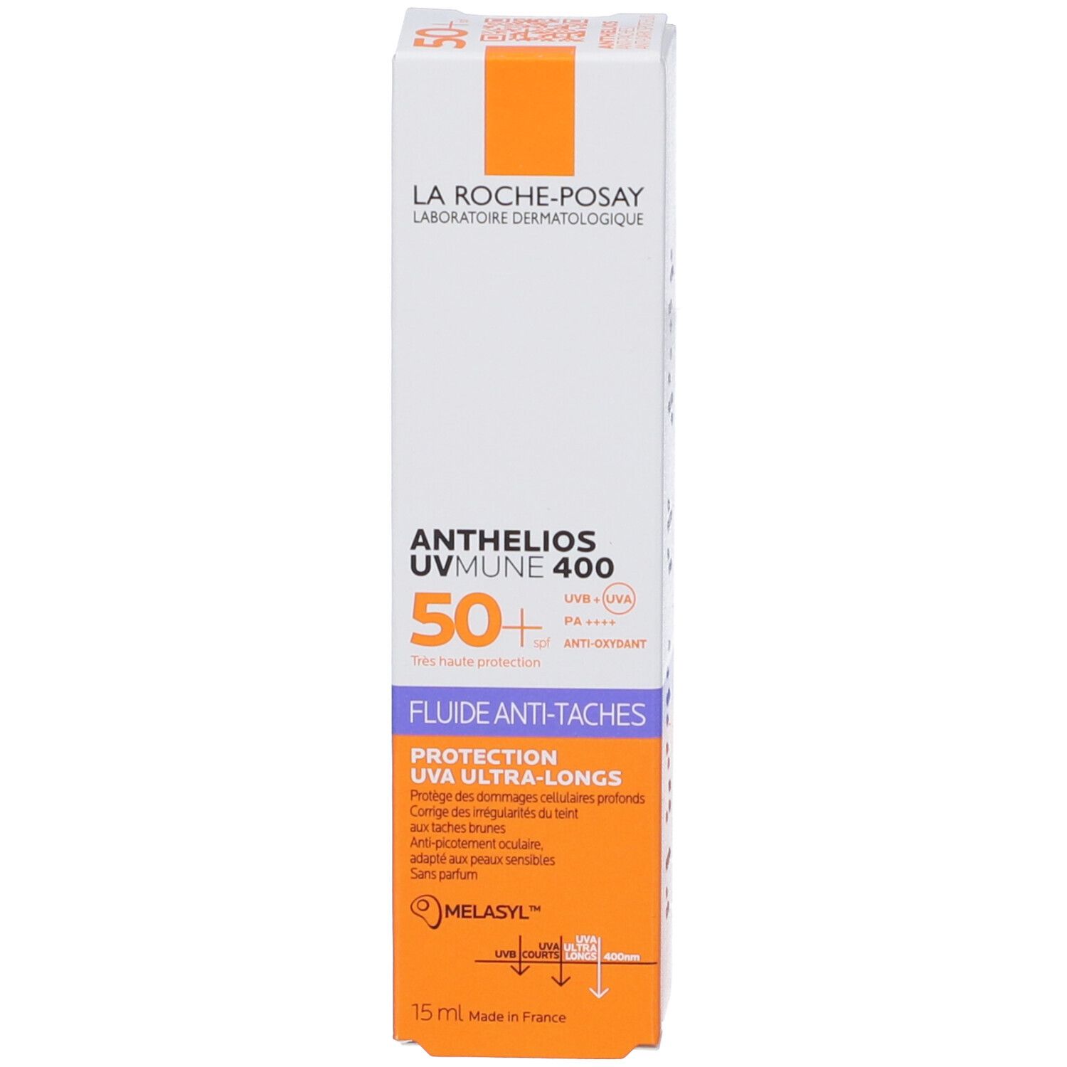 La Roche-Posay ANTHELIOS UVmune 400 Fluido. Confezione bianca e arancione. Testo: 50+ protezione molto alta. Anti-macchie.