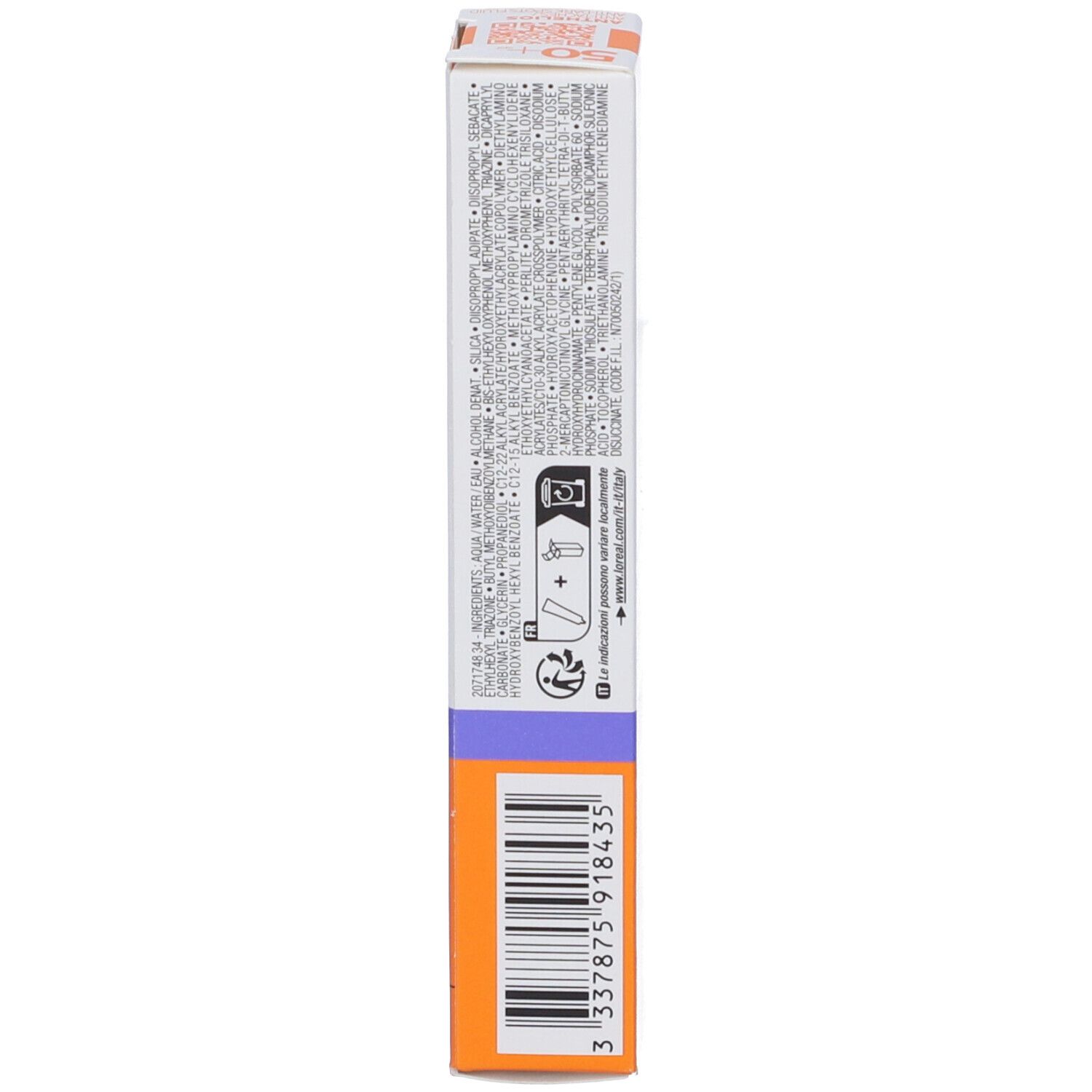 Confezione di La Roche-Posay ANTHELIOS UVmune 400. Lato con testo e codice a barre. Bianco e arancione.