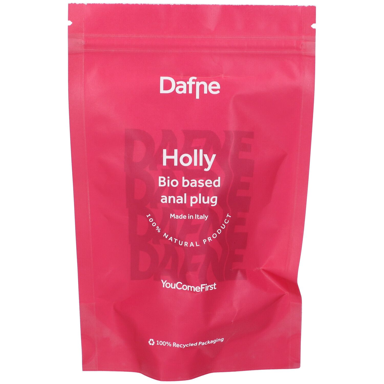 Confezione rosa con testo: Holly, plug anale bio. Marchio Dafne. Prodotto 100% naturale.