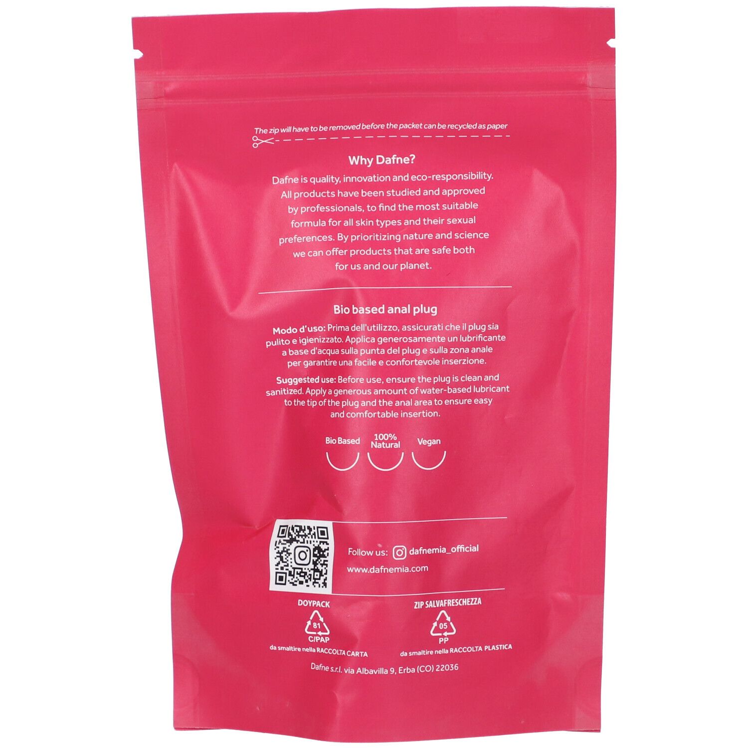 Retro di una confezione rosa. Testo su Dafne, ingredienti, codice QR e istruzioni per il riciclo.