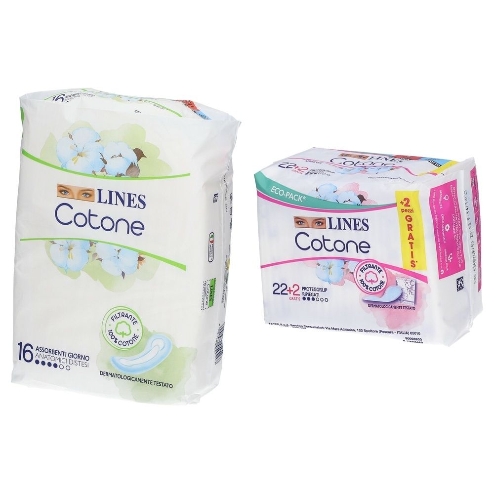 LINES Cotone Assorbentie Giorno Anatomico Disteso + LINES Cotone Proteggislip Ripiegati