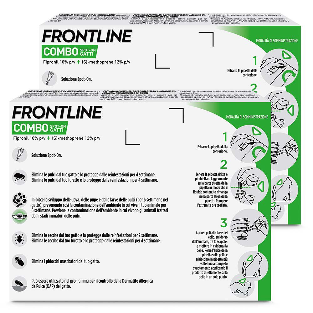 Frontline Combo Gatti x6 Pipette, Antiparassitario Contro Pulci, Zecche E Pidocchi Set da 2