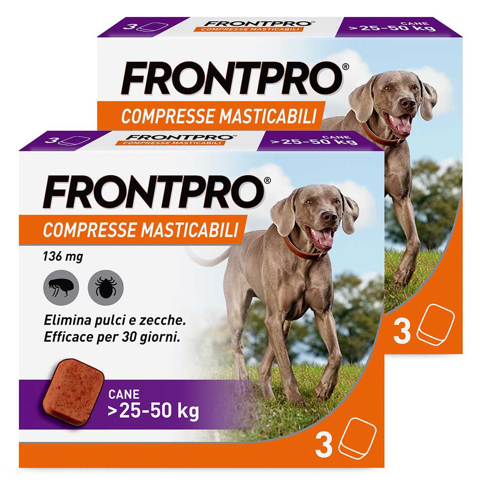 FRONTPRO x3 Compresse Masticabili, Antiparassitario Per Cani (25-50Kg) Contro Pulci E Zecche Set da 2