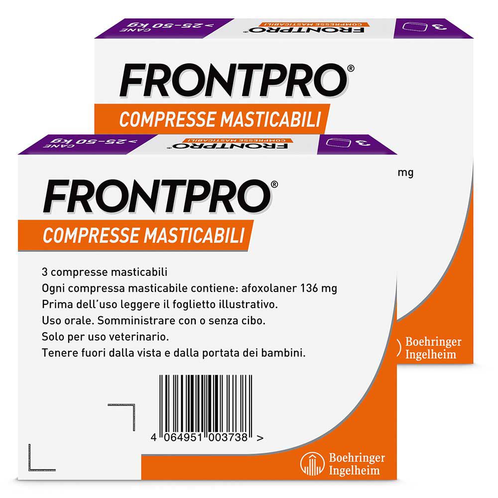 FRONTPRO x3 Compresse Masticabili, Antiparassitario Per Cani (25-50Kg) Contro Pulci E Zecche Set da 2