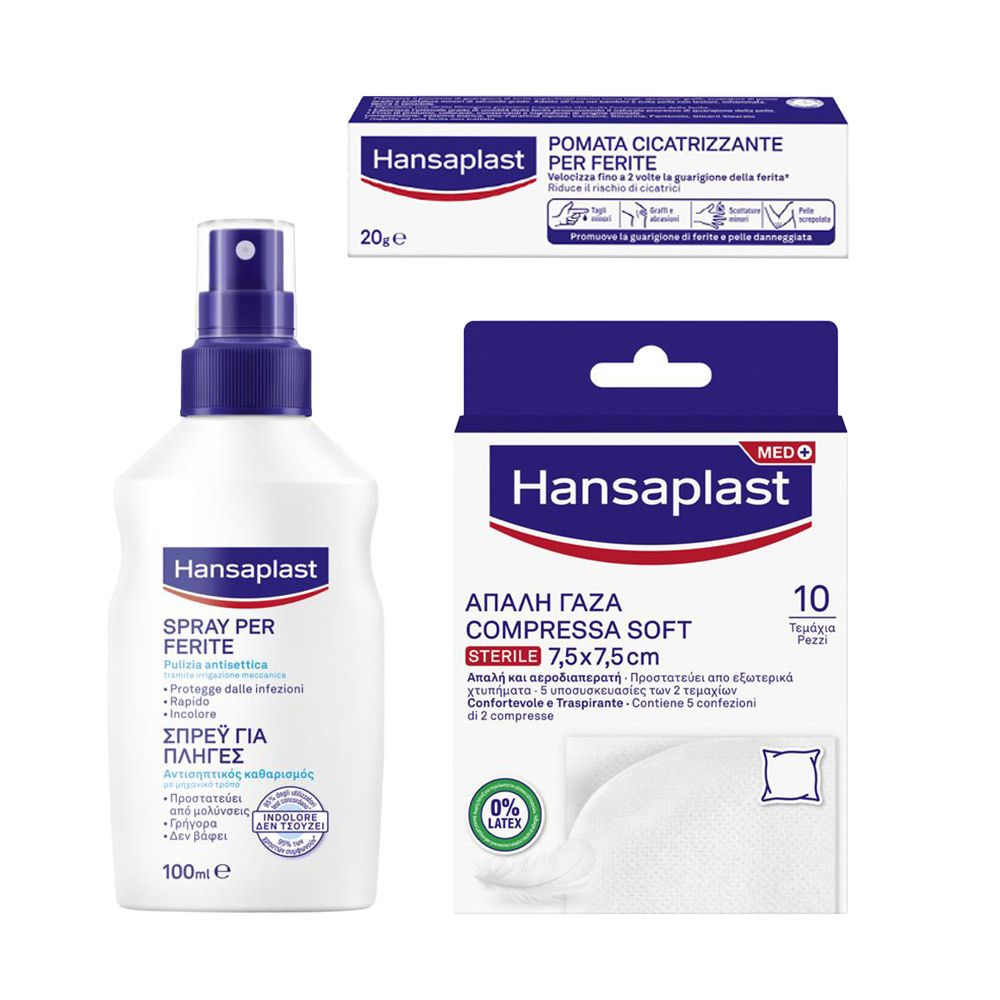 Hansaplast Spray Ferite 100ml + Hansaplast Pomata Cicatrizzante per Ferite 20g + Hansaplast Compressa Soft Garze Sterili 10 pezzi 7,5x7,5 cm