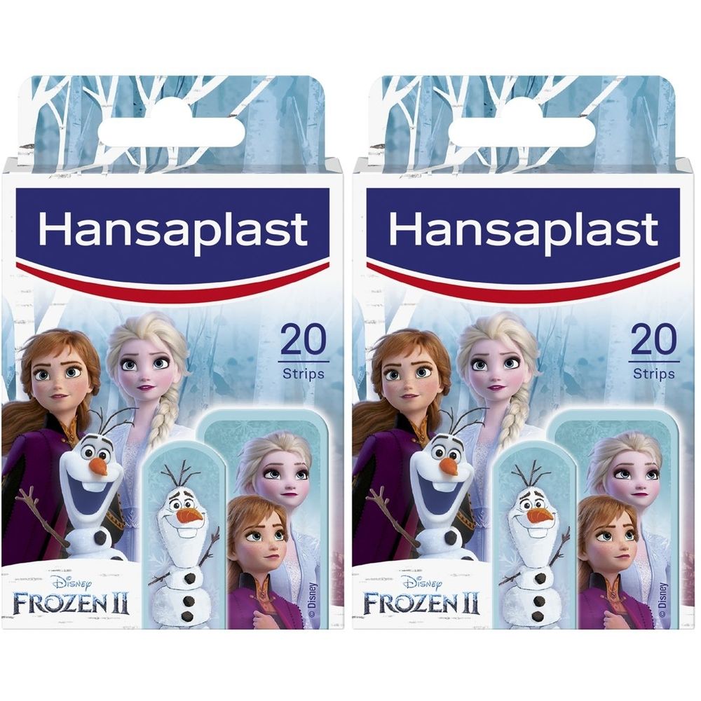 Due confezioni Hansaplast con 20 cerotti. Personaggi di Frozen II. Confezione blu e bianca con nome del prodotto.