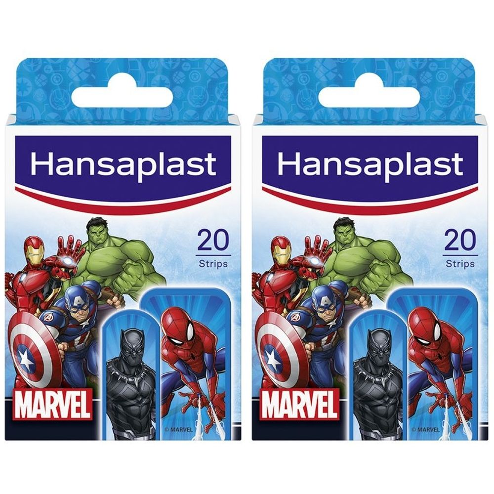 Due confezioni di cerotti Hansaplast con motivi Marvel. Ogni confezione contiene 20 cerotti. Scritte: personaggi Marvel, Hansaplast.