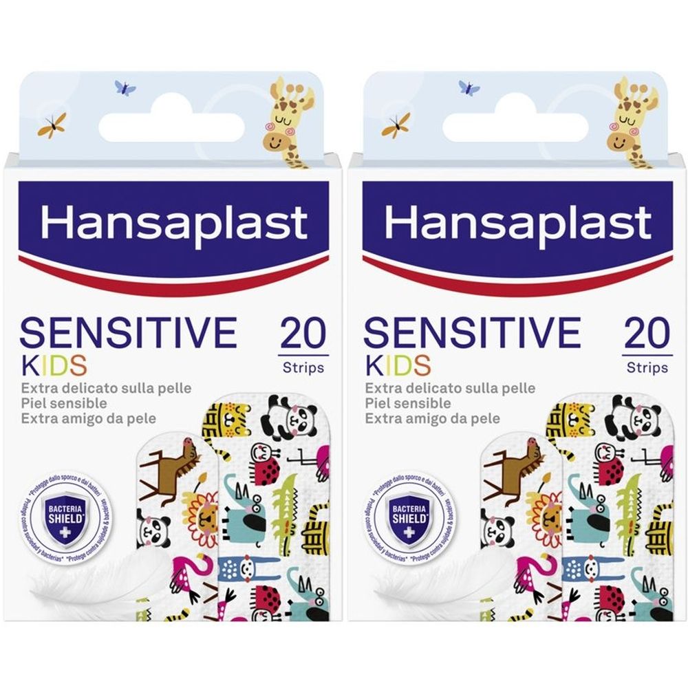 Due confezioni di cerotti Hansaplast Sensitive Kids. Scritta: 20 cerotti, extra delicati. Con motivi per bambini.