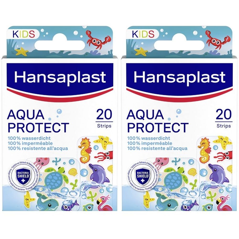 Due confezioni di cerotti per bambini. Scritta: Hansaplast Aqua Protect, 20 strisce. Con animali marini colorati.