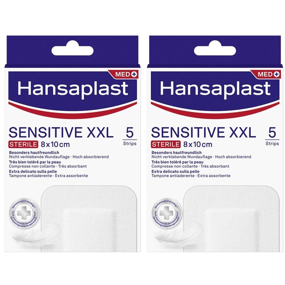 Due confezioni di cerotti Hansaplast Sensitive XXL. Ogni confezione contiene 5 cerotti sterili, 8x10cm. Delicati sulla pelle, non appiccicosi.
