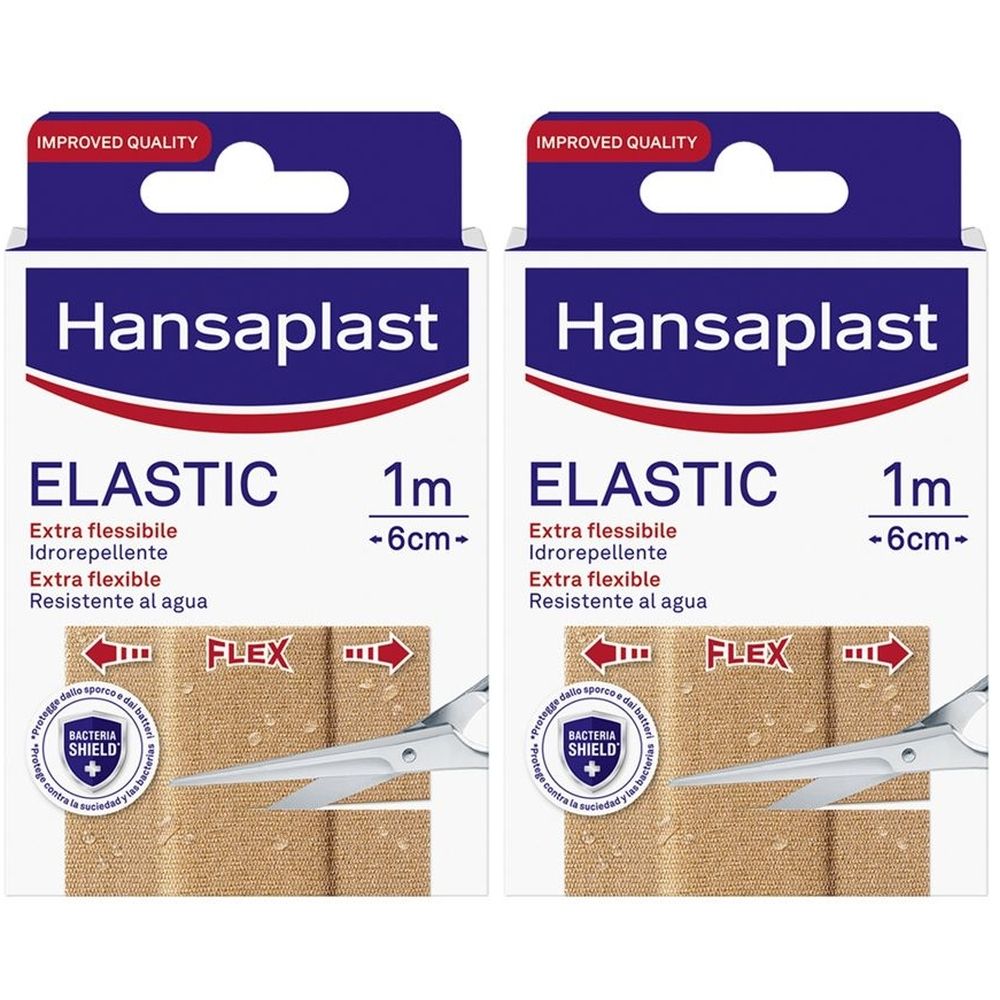 Due confezioni di cerotti Hansaplast Elastic. Scritta: Elastic, 1m -6cm-. Con forbici e simbolo Flex.