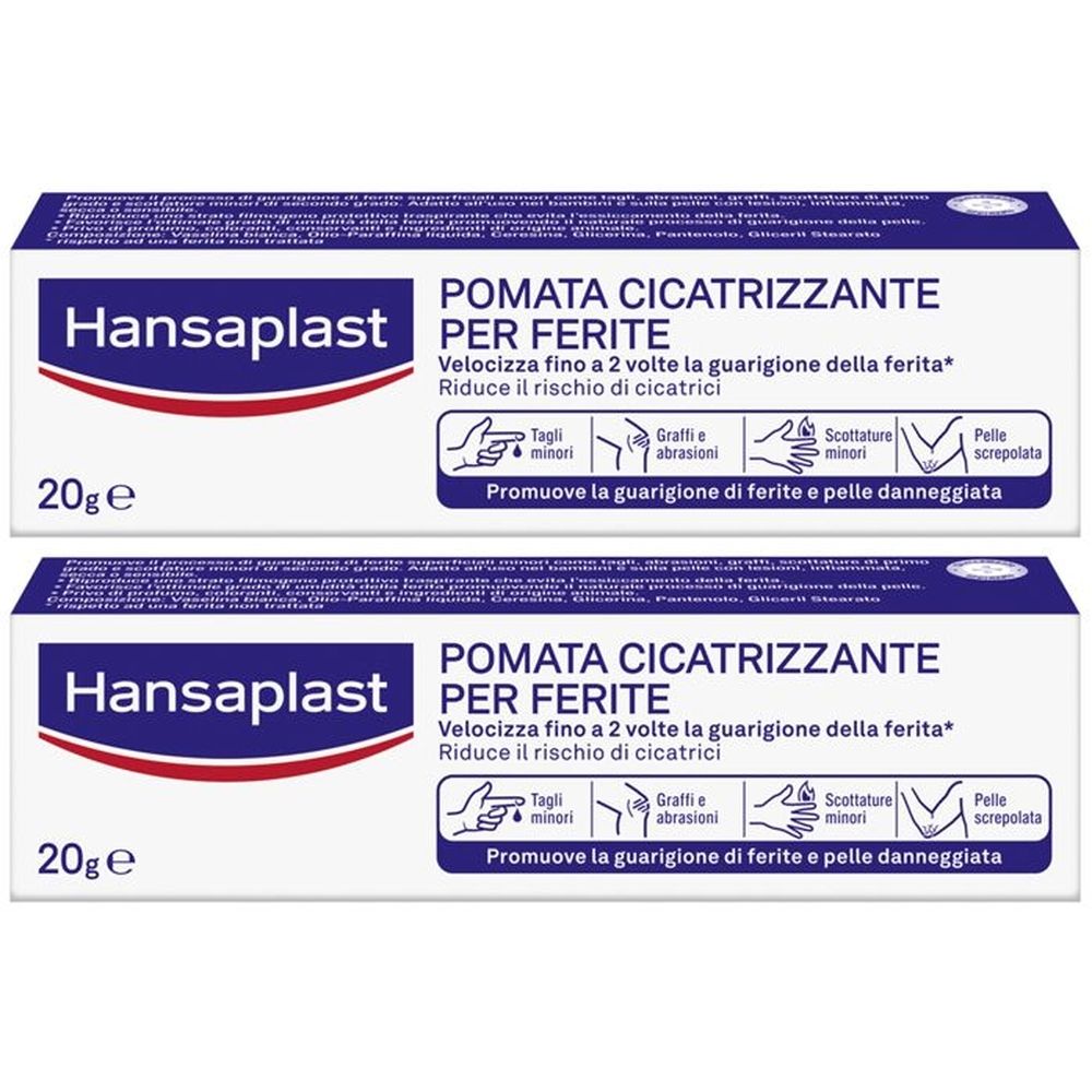 Due confezioni di pomata cicatrizzante Hansaplast. Confezione bianca e blu con informazioni e logo.