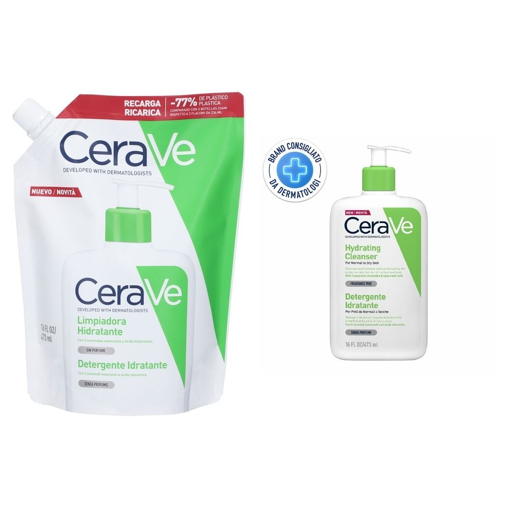 CeraVe Detergente Idratante Viso Pelle da Normale a Secca, con acido ialuronico e ceramidi 473 ml + Ricarica 473 ml