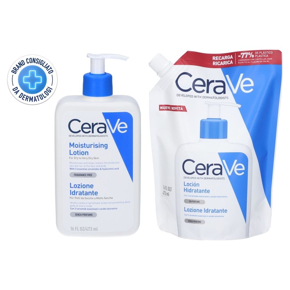 CeraVe Lozione Idratante Corpo Per pelli da normali a secche per il corpo e il viso, 473 ml + Ricarica 473 ml