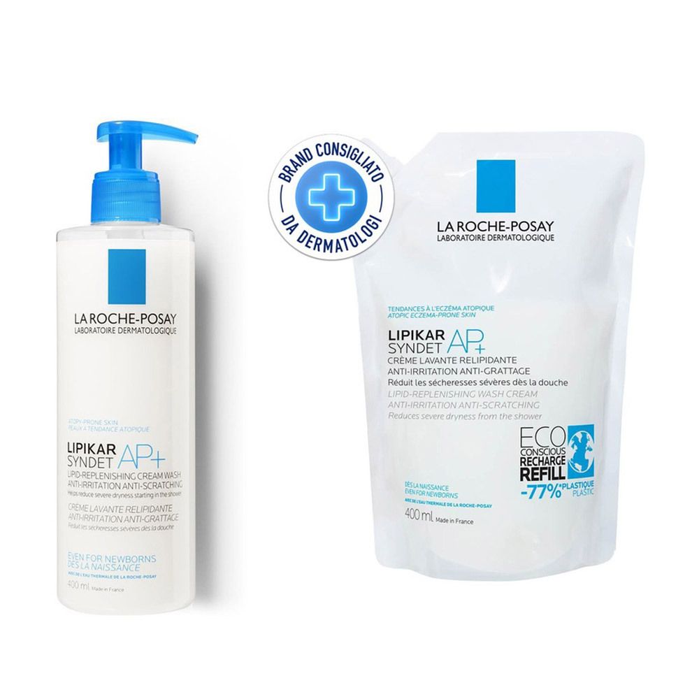 La Roche-Posay Lipikar Syndet AP+ Crema detergente ultra-delicata per la pelle a tendenza atopica 400ml + Ricarica 400 ml