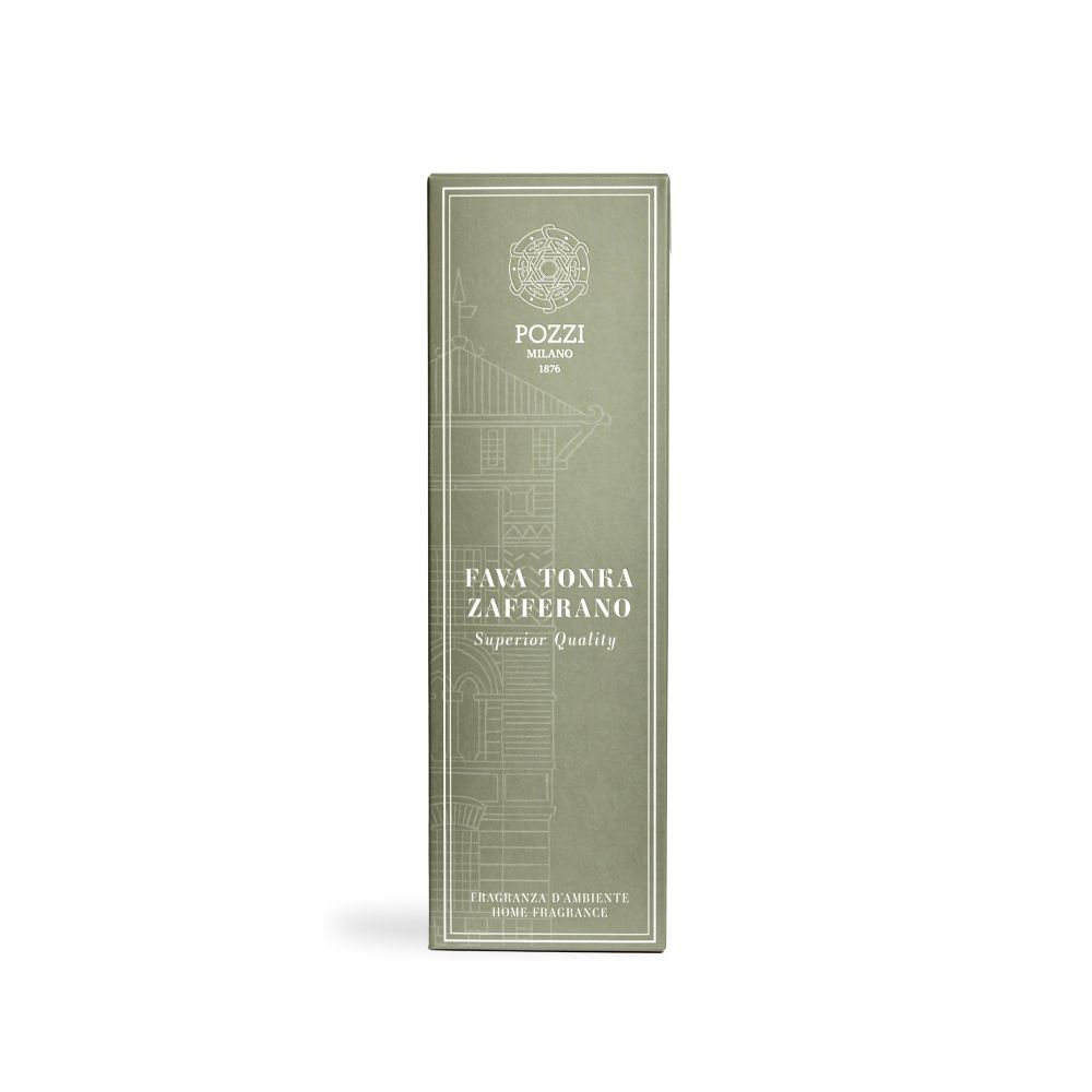 Confezione rettangolare verde. Testo: Fava Tonka Zafferano. Marchio: Pozzi Milano.