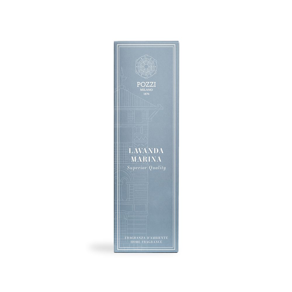 Confezione rettangolare azzurra. Scritta: Lavanda Marina, Pozzi Milano 1876.