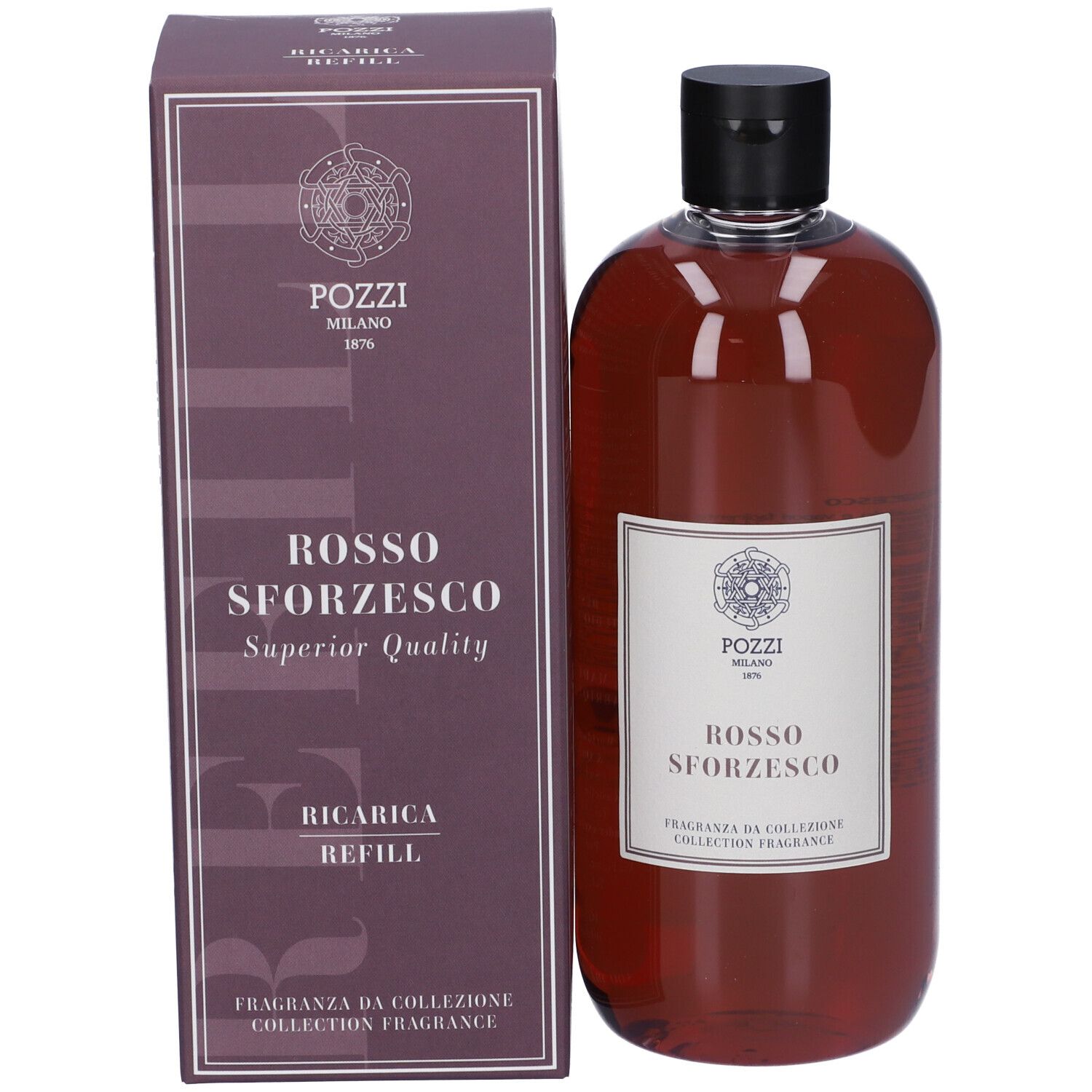 Confezione e bottiglia. Confezione marrone con testo. Liquido rosso in bottiglia. Marchio Pozzi Milano.