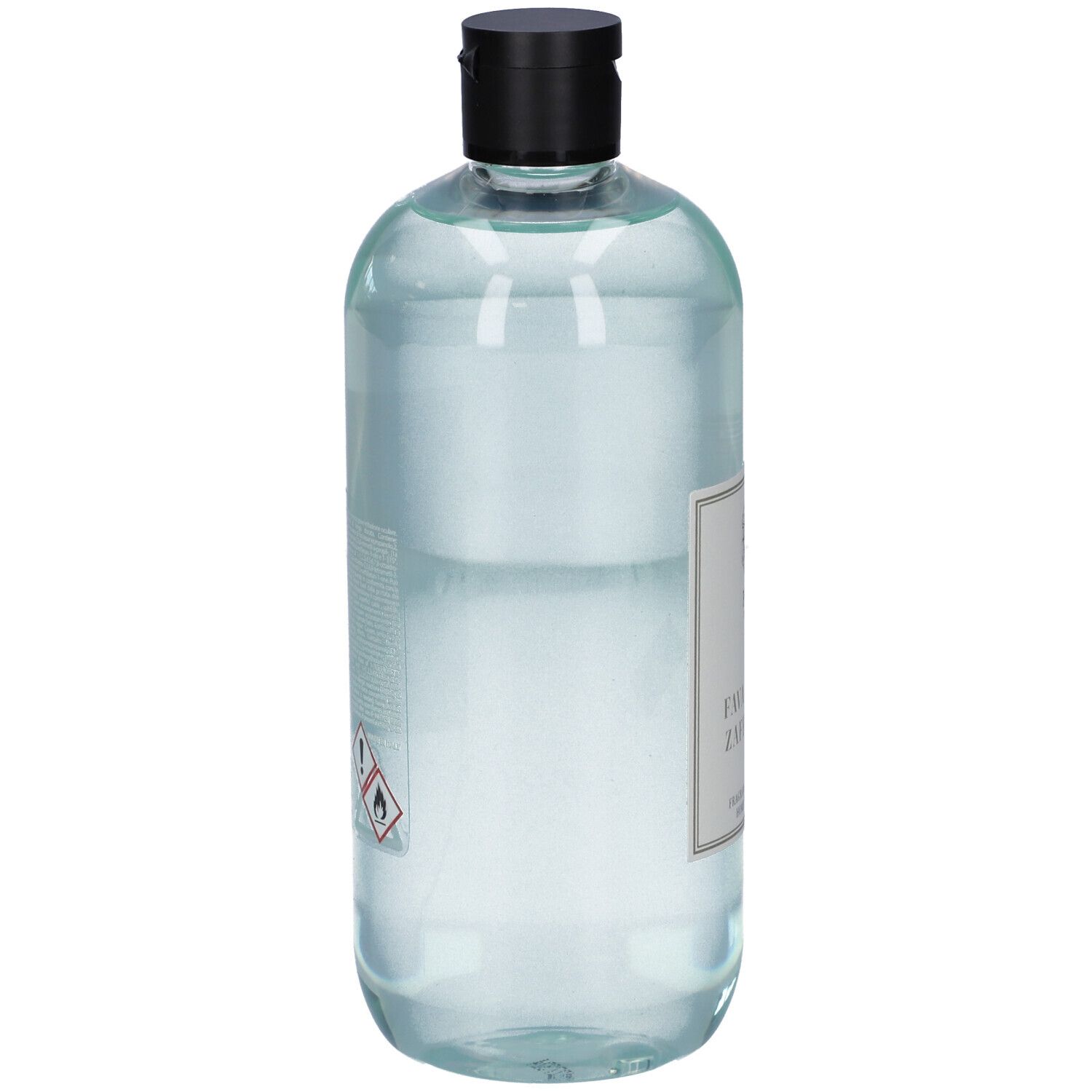 Liquido in bottiglia con tappo nero. Etichetta con testo. Simboli di pericolo.