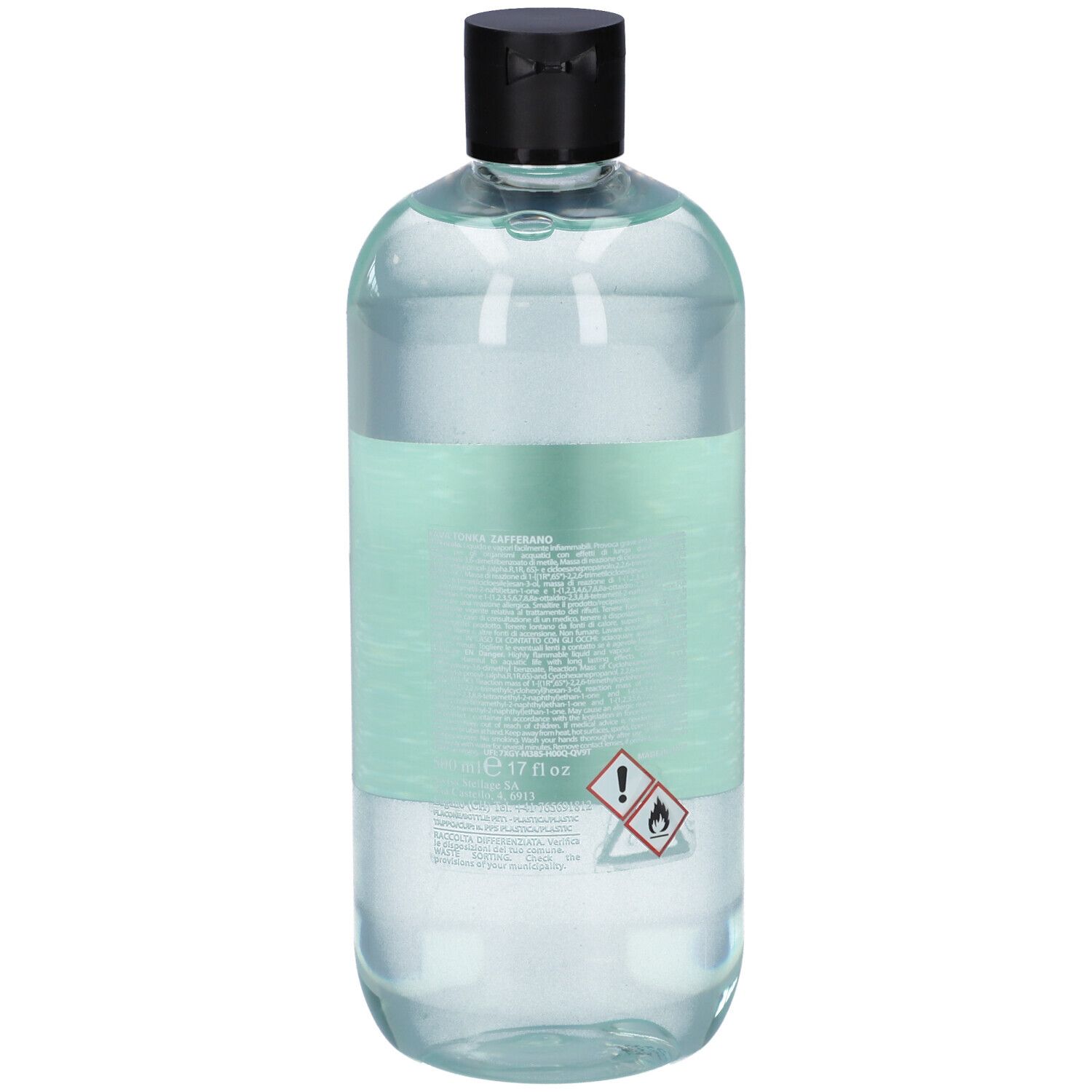 Liquido in bottiglia con tappo nero. Etichetta con testo. Simboli di pericolo.