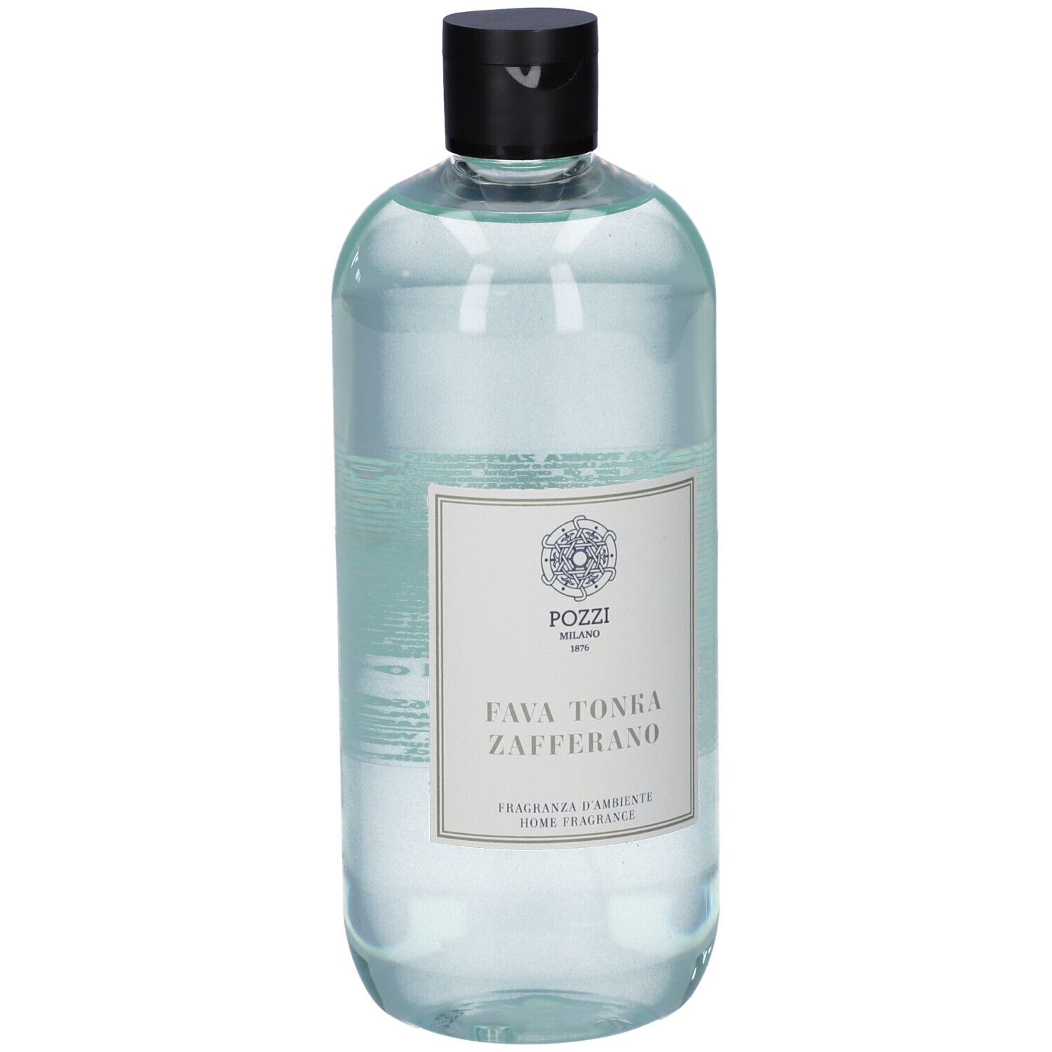 Liquido in bottiglia con tappo nero. Etichetta con testo: Fava Tonka Zafferano. Marchio: Pozzi Milano.
