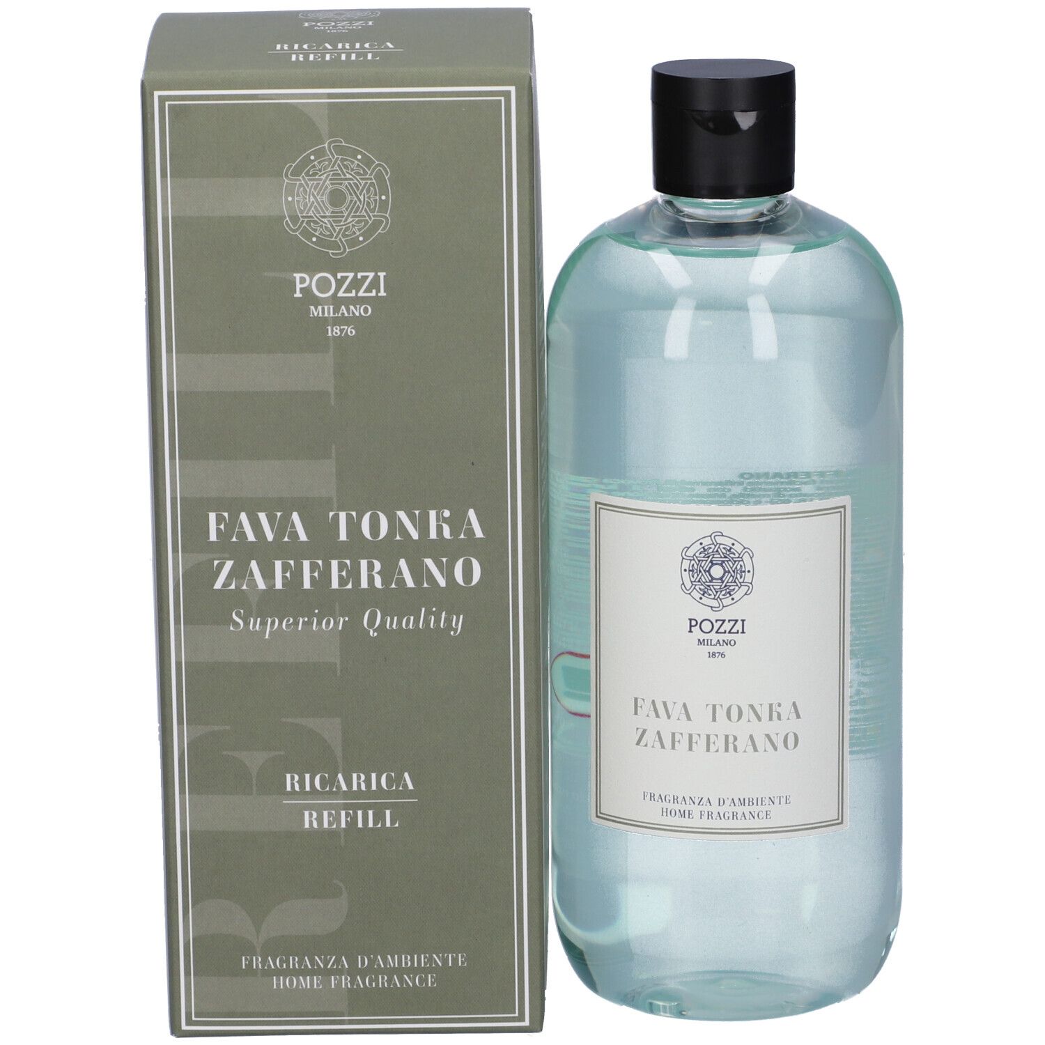 Prodotto e confezione. Bottiglia con tappo nero e scatola. Testo: Fava Tonka Zafferano. Marchio: Pozzi Milano.