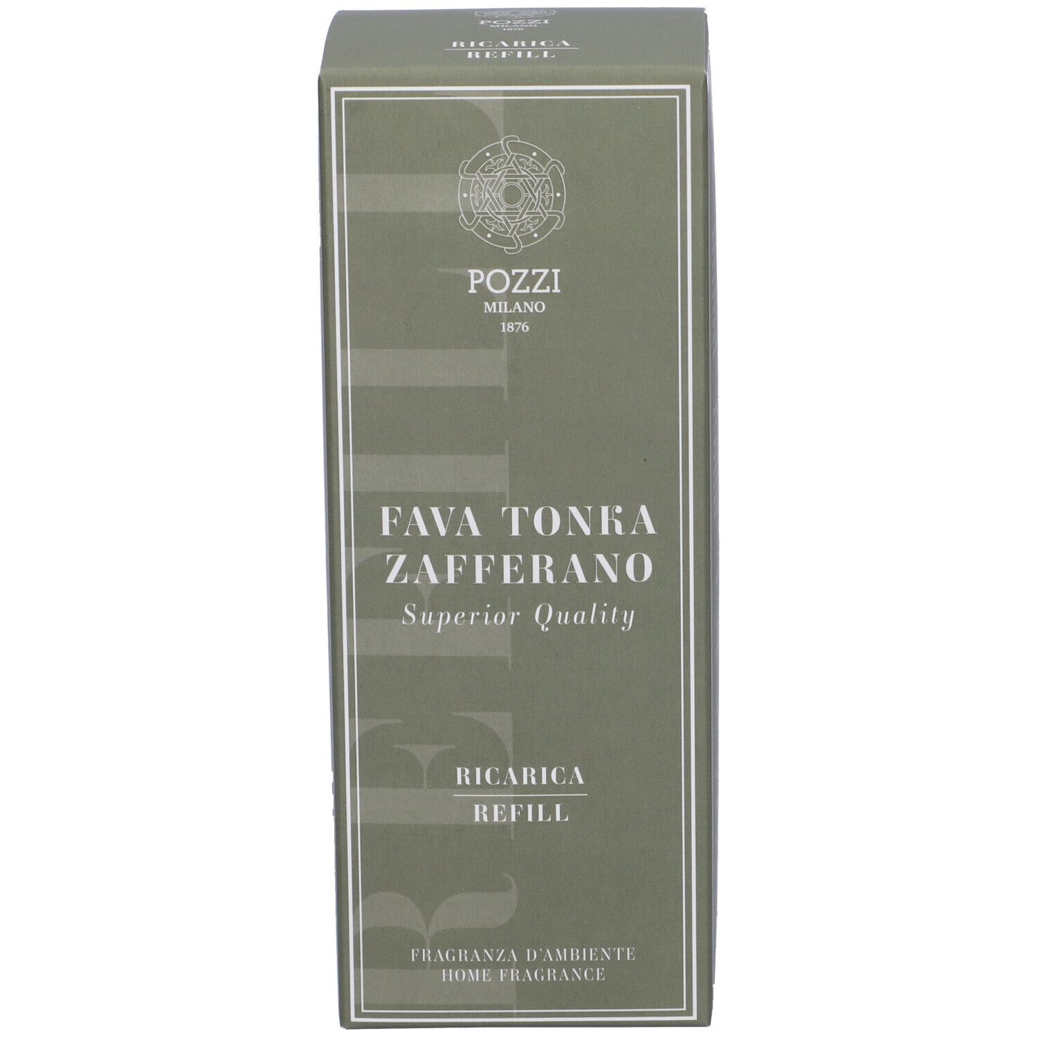 Confezione rettangolare, verde. Testo: Fava Tonka Zafferano, Ricarica, Superior Quality. Marchio: Pozzi Milano.