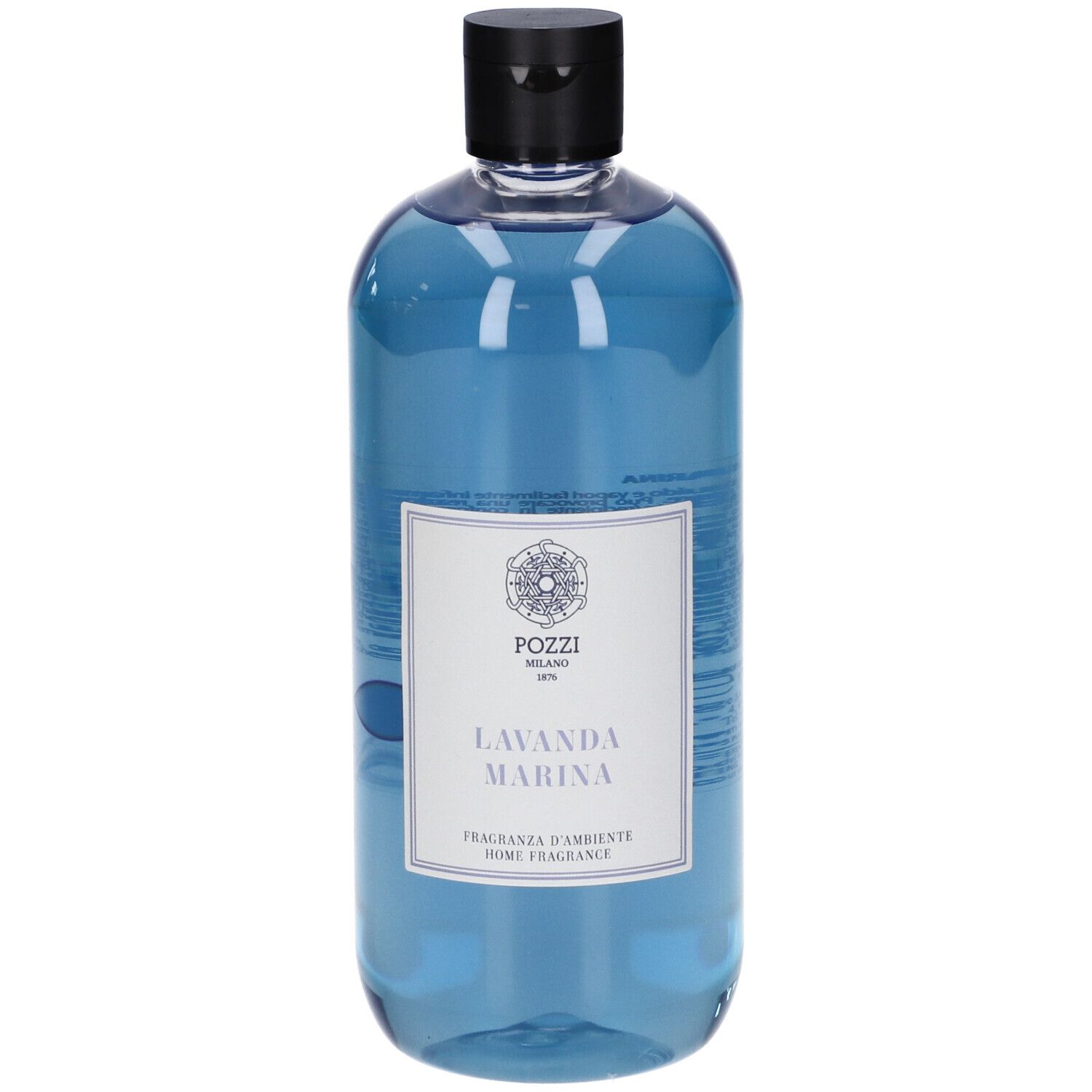 Liquido blu in bottiglia con tappo nero. Etichetta con testo: Lavanda Marina, Pozzi Milano.