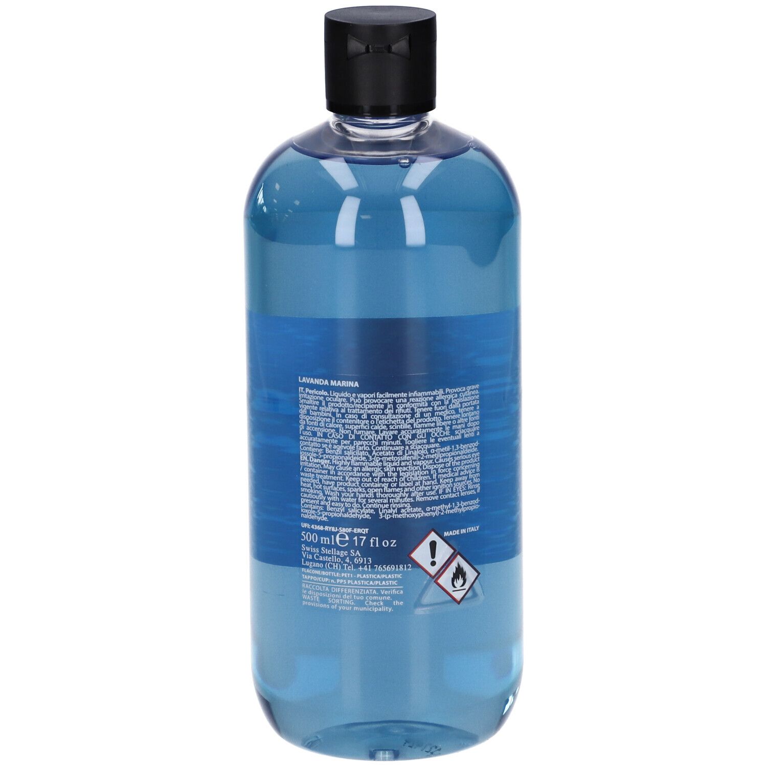 Liquido blu in bottiglia con tappo nero. Etichetta con testo e pittogrammi.