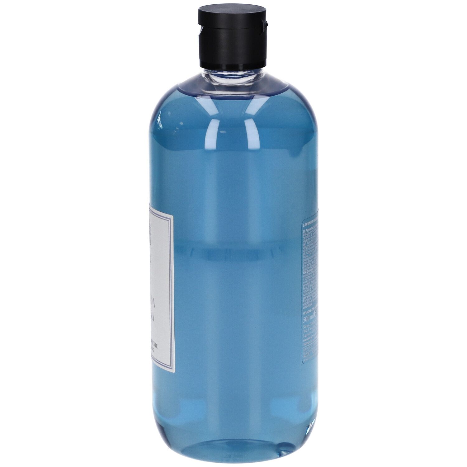 Liquido blu in bottiglia con tappo nero. Etichetta con testo: Lavanda Marina, Pozzi Milano.