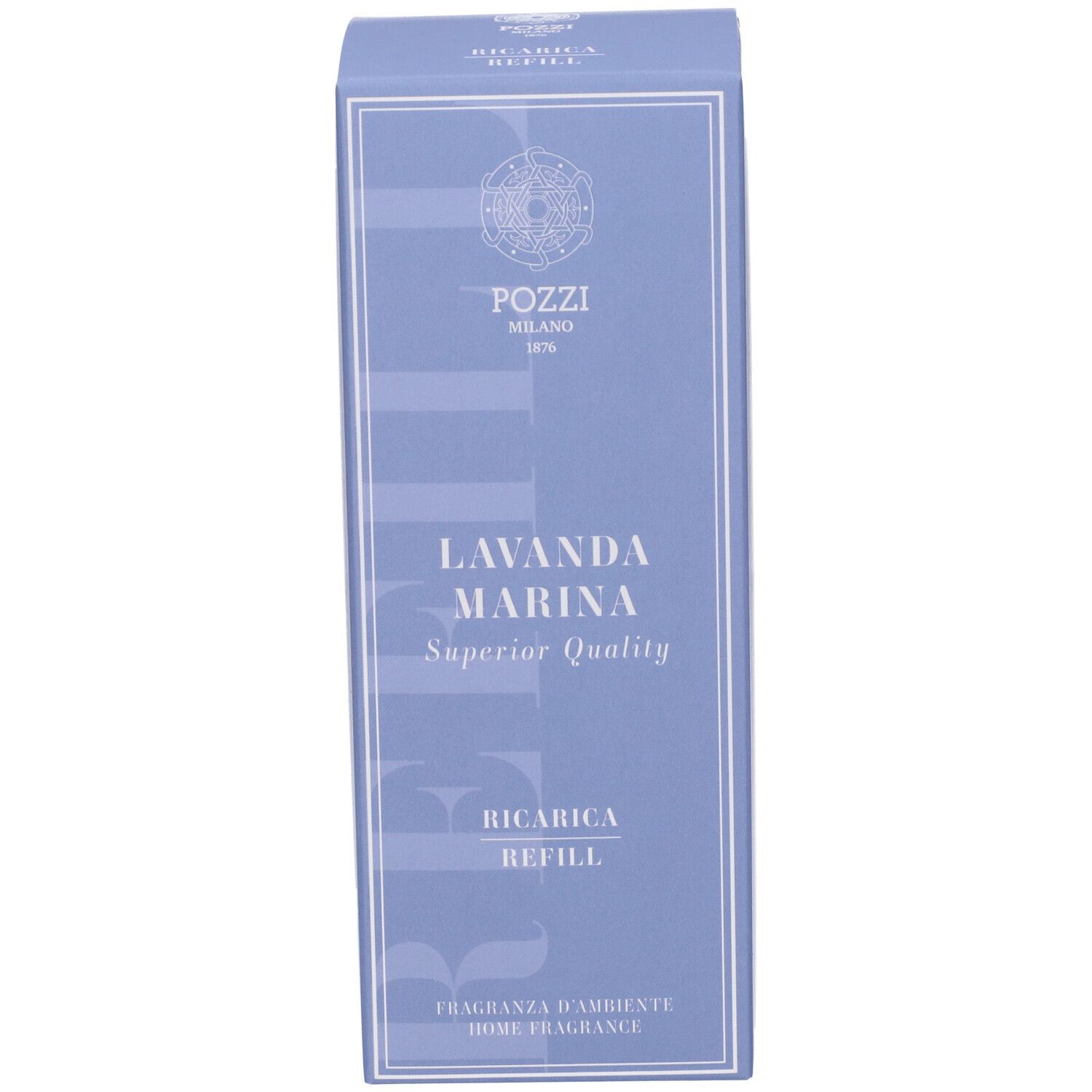 Confezione in cartone con testo: Lavanda Marina, Ricarica, Pozzi Milano.