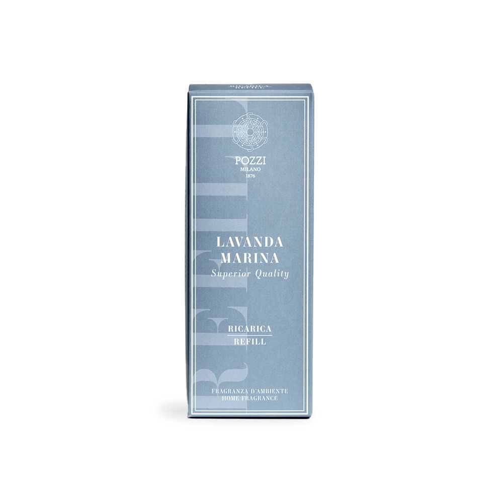 Confezione in cartone con testo: Lavanda Marina, Ricarica, Pozzi Milano.