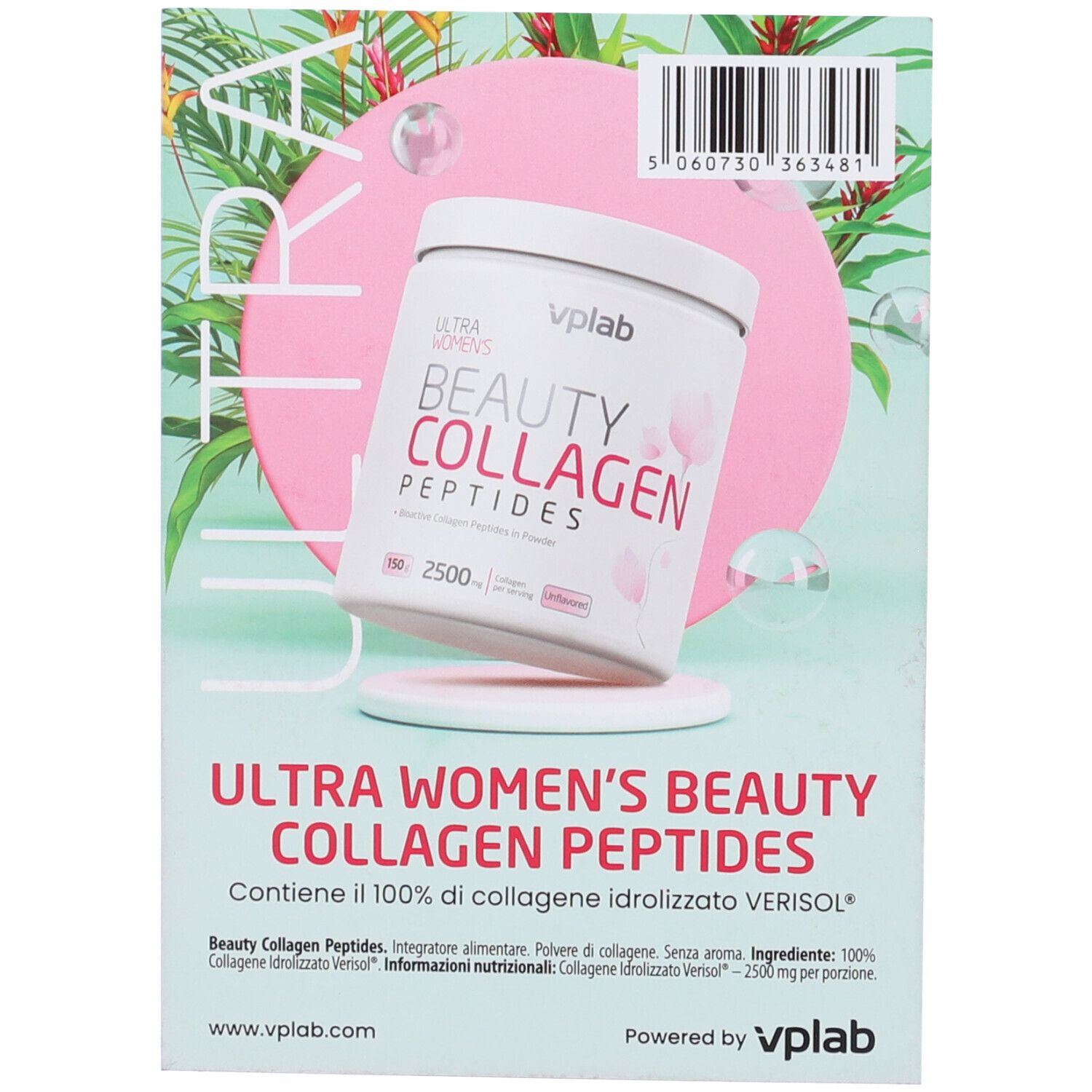 Contenitore Beauty Collagen Peptides. Testo: 2500 mg per porzione. Scritta: Ultra Women's. Sfondo con piante.