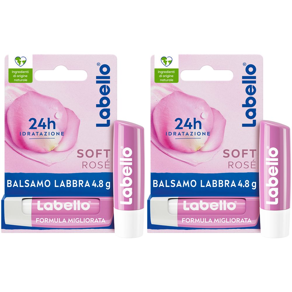 Due confezioni di balsamo labbra Labello Soft Rosé. Stick rosa e confezione in cartone con informazioni sul prodotto.