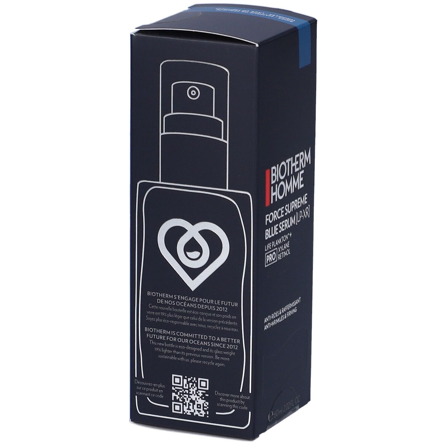 Confezione blu scuro. Stampa di flacone di siero con simbolo a cuore. Testo: Biotherm si impegna per il futuro degli oceani.
