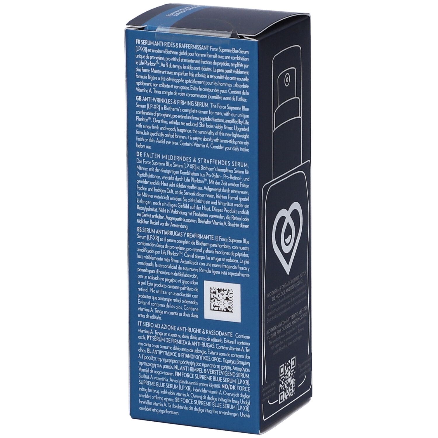 Confezione blu scuro. Testo multilingue: Siero anti-rughe e rassodante. Codice QR e testo.