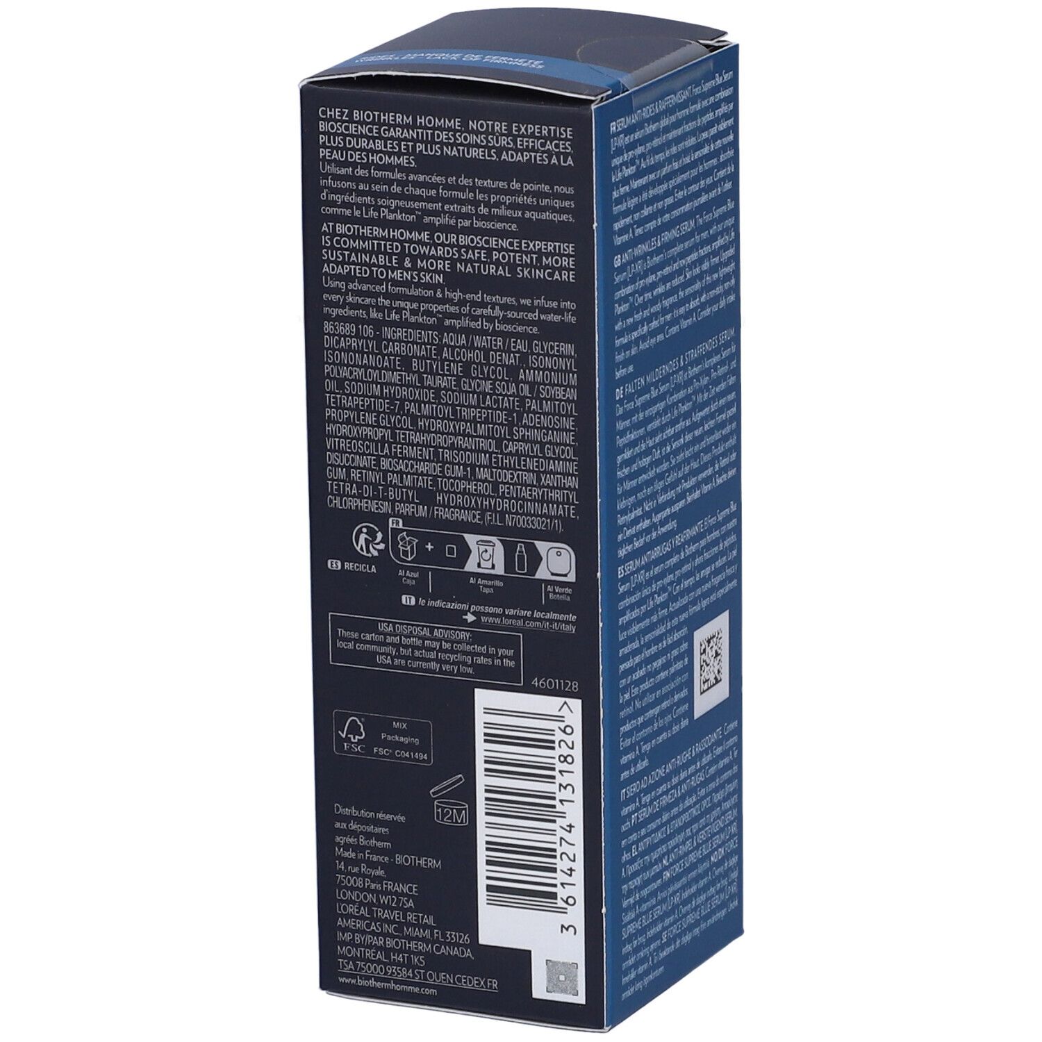 Confezione blu scuro. Testo: Chez Biotherm Homme, notre expertise s'inspire des soins.