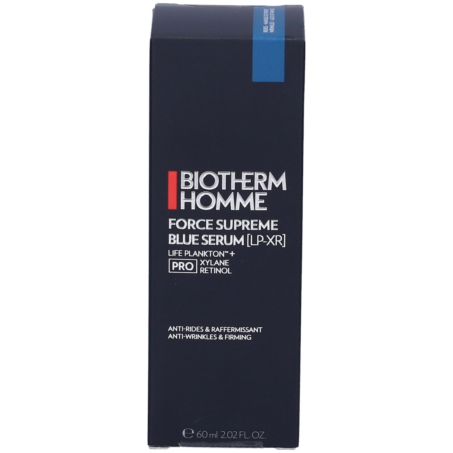 Confezione blu scuro. Scritta: Biotherm Homme Force Supreme Blue Serum [LP-XR]. Anti-rughe e rassodante.