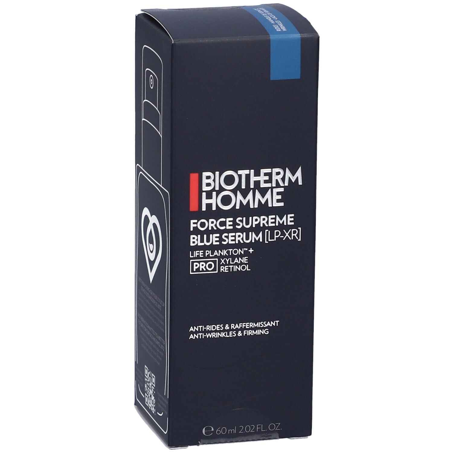 Confezione blu scuro. Stampa di flacone di siero con simbolo a cuore. Scritta: Biotherm Homme Force Supreme Blue Serum.