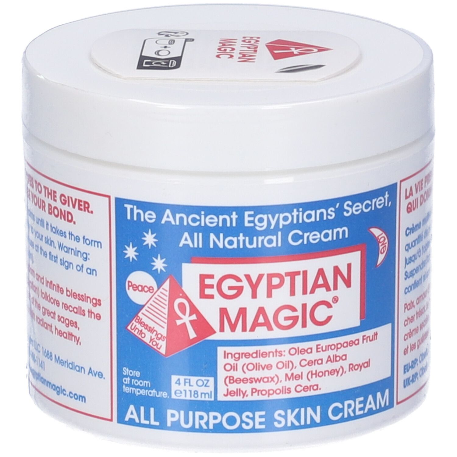 Vasetto bianco con coperchio. Scritta: Egyptian Magic, All Purpose Skin Cream. Stampa rossa e blu. Elenco ingredienti.